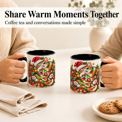 #pl[11oz|Black] Sparkling Cat Lights Coffee Mug, Christmas Kitten Mug, Ceramic Cup