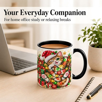 #pl[11oz|Black] Sparkling Cat Lights Coffee Mug, Christmas Kitten Mug, Ceramic Cup
