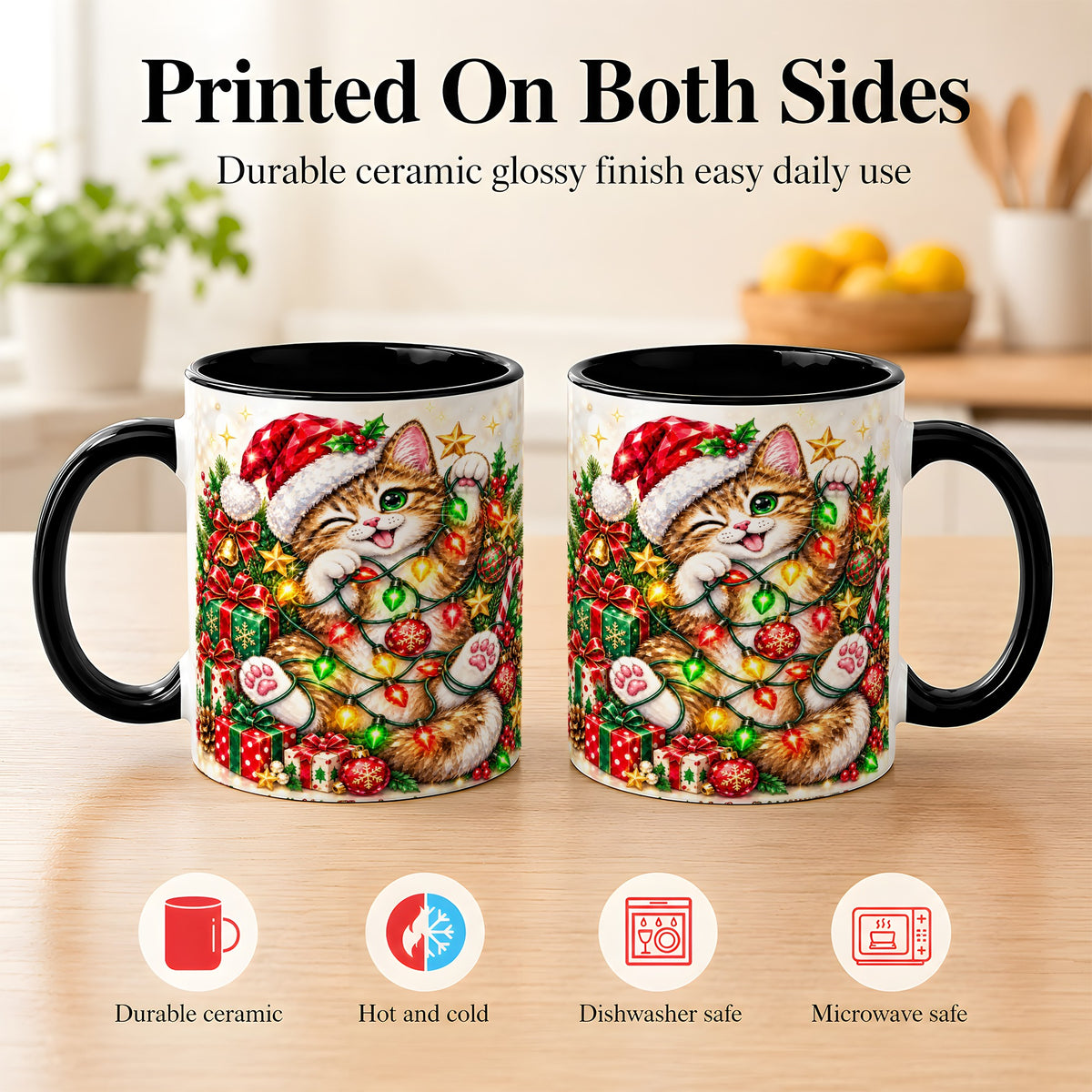 #pl[11oz|Black] Sparkling Cat Lights Coffee Mug, Christmas Kitten Mug, Ceramic Cup