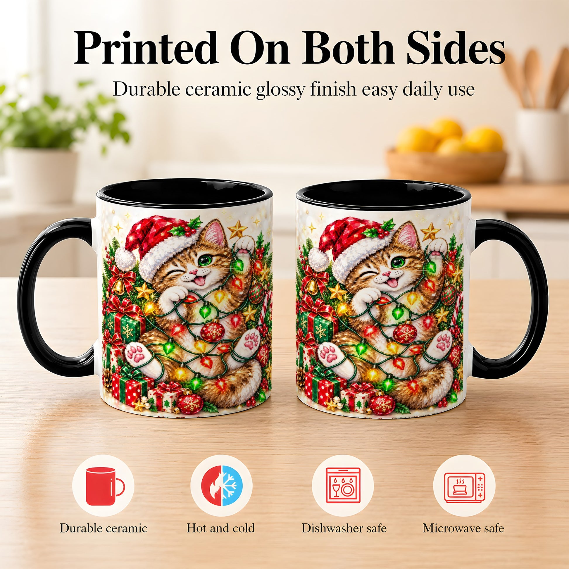 #pl[11oz|Black] Sparkling Cat Lights Coffee Mug, Christmas Kitten Mug, Ceramic Cup
