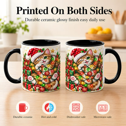 #pl[11oz|Black] Sparkling Cat Lights Coffee Mug, Christmas Kitten Mug, Ceramic Cup
