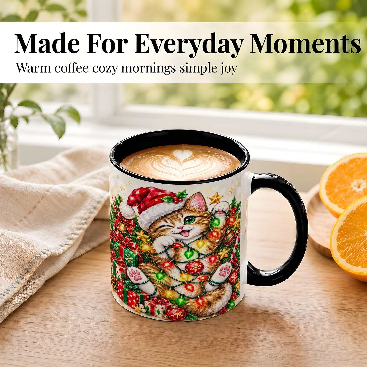 #pl[11oz|Black] Sparkling Cat Lights Coffee Mug, Christmas Kitten Mug, Ceramic Cup