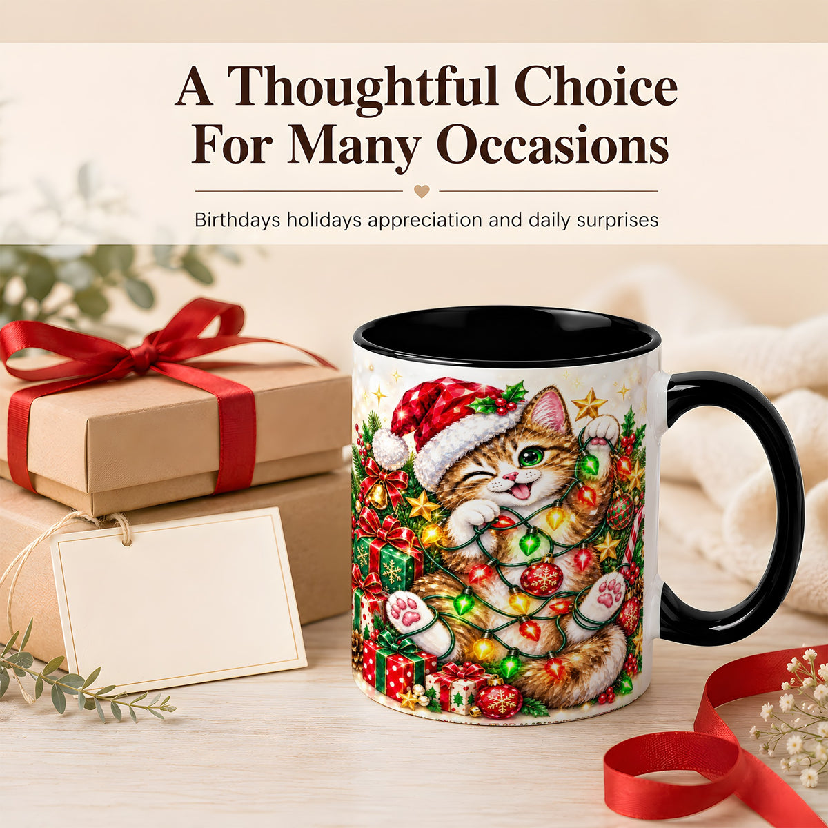 #pl[11oz|Black] Sparkling Cat Lights Coffee Mug, Christmas Kitten Mug, Ceramic Cup