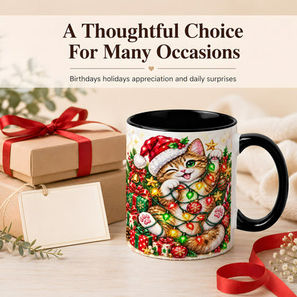 #pl[11oz|Black] Sparkling Cat Lights Coffee Mug, Christmas Kitten Mug, Ceramic Cup