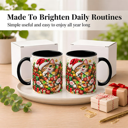 #pl[11oz|Black] Sparkling Cat Lights Coffee Mug, Christmas Kitten Mug, Ceramic Cup