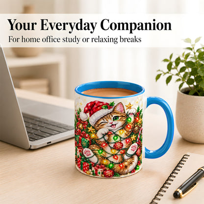 #pl[11oz|Blue] Sparkling Cat Lights Coffee Mug, Christmas Kitten Mug, Ceramic Cup