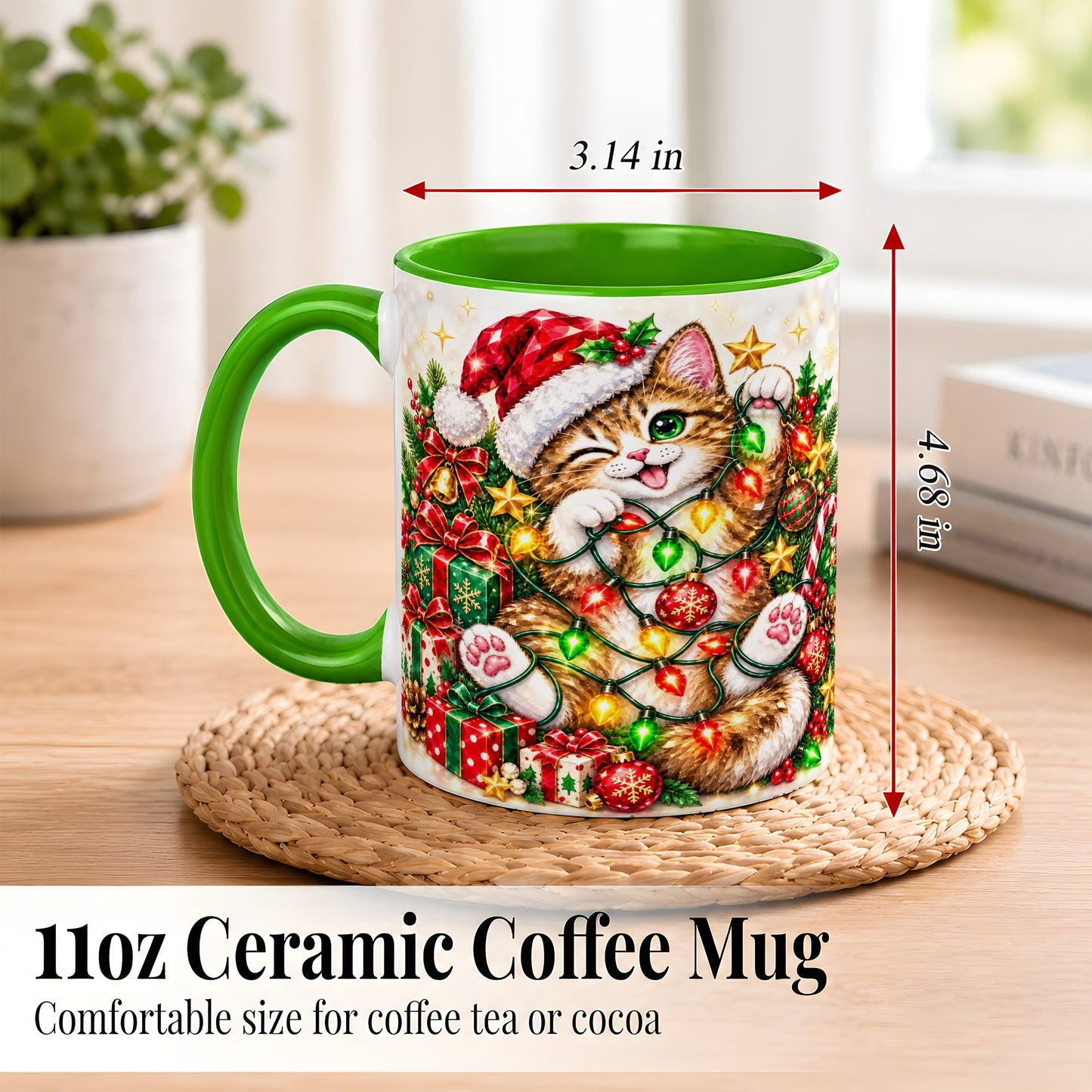 #pl[11oz|Green] Sparkling Cat Lights Coffee Mug, Christmas Kitten Mug, Ceramic Cup