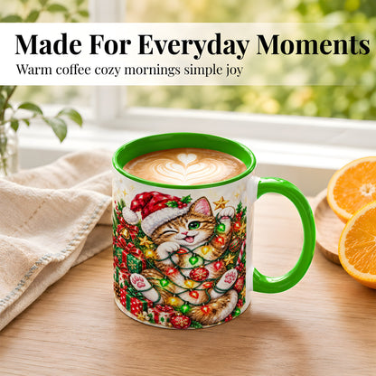 #pl[11oz|Green] Sparkling Cat Lights Coffee Mug, Christmas Kitten Mug, Ceramic Cup