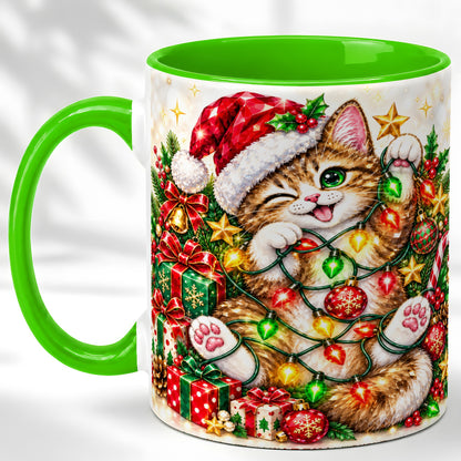 #pl[11oz|Green] Sparkling Cat Lights Coffee Mug, Christmas Kitten Mug, Ceramic Cup