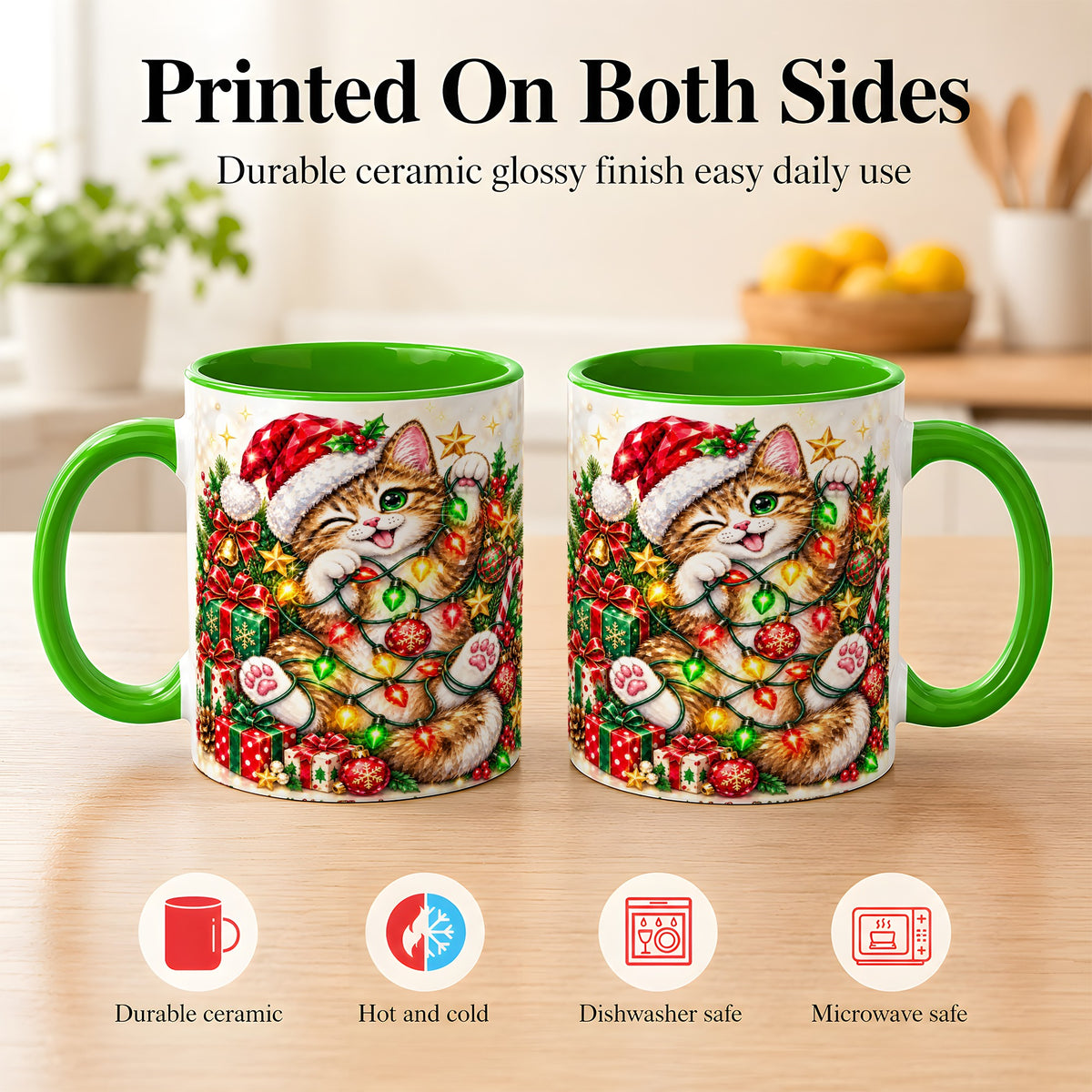 #pl[11oz|Green] Sparkling Cat Lights Coffee Mug, Christmas Kitten Mug, Ceramic Cup