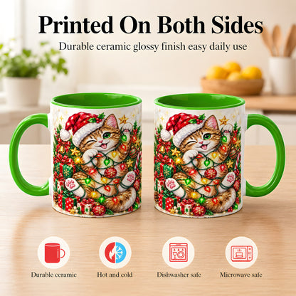 #pl[11oz|Green] Sparkling Cat Lights Coffee Mug, Christmas Kitten Mug, Ceramic Cup
