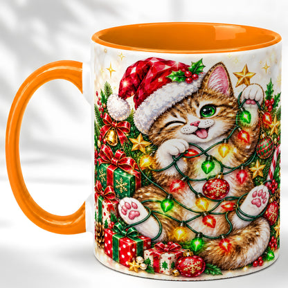 #pl[11oz|Orange] Sparkling Cat Lights Coffee Mug, Christmas Kitten Mug, Ceramic Cup