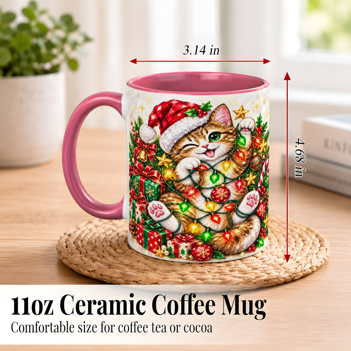#pl[11oz|Pink] Sparkling Cat Lights Coffee Mug, Christmas Kitten Mug, Ceramic Cup