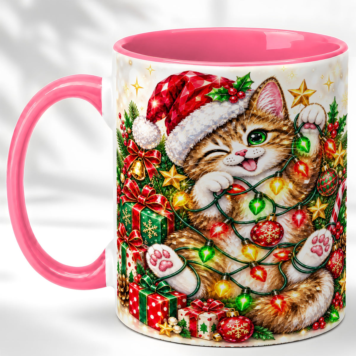 #pl[11oz|Pink] Sparkling Cat Lights Coffee Mug, Christmas Kitten Mug, Ceramic Cup