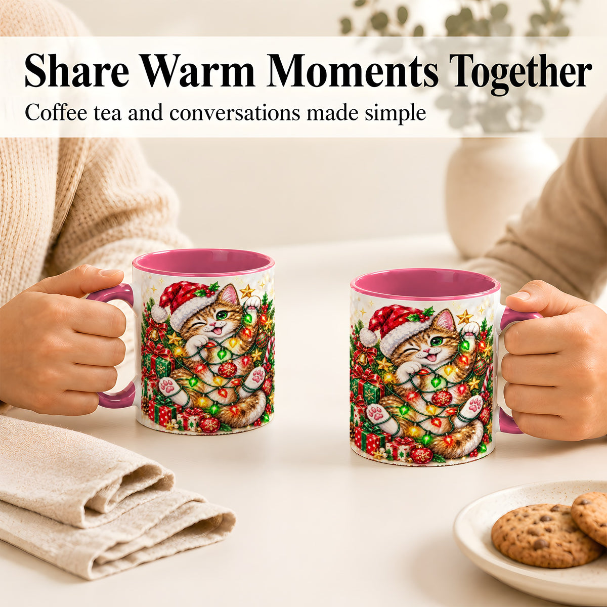 #pl[11oz|Pink] Sparkling Cat Lights Coffee Mug, Christmas Kitten Mug, Ceramic Cup
