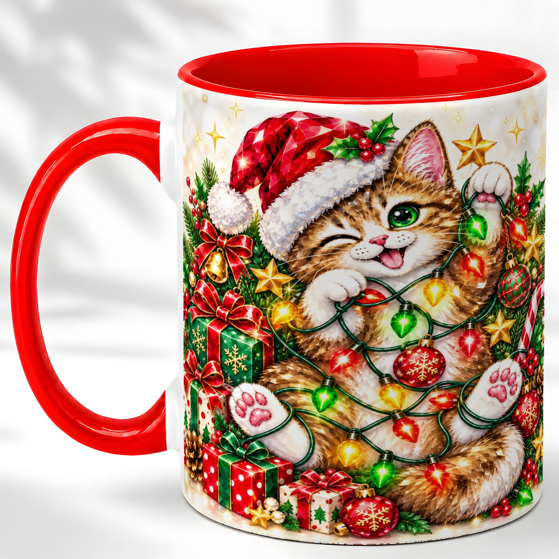 Sparkling Cat Lights Coffee Mug, Christmas Kitten Mug, Ceramic Cup