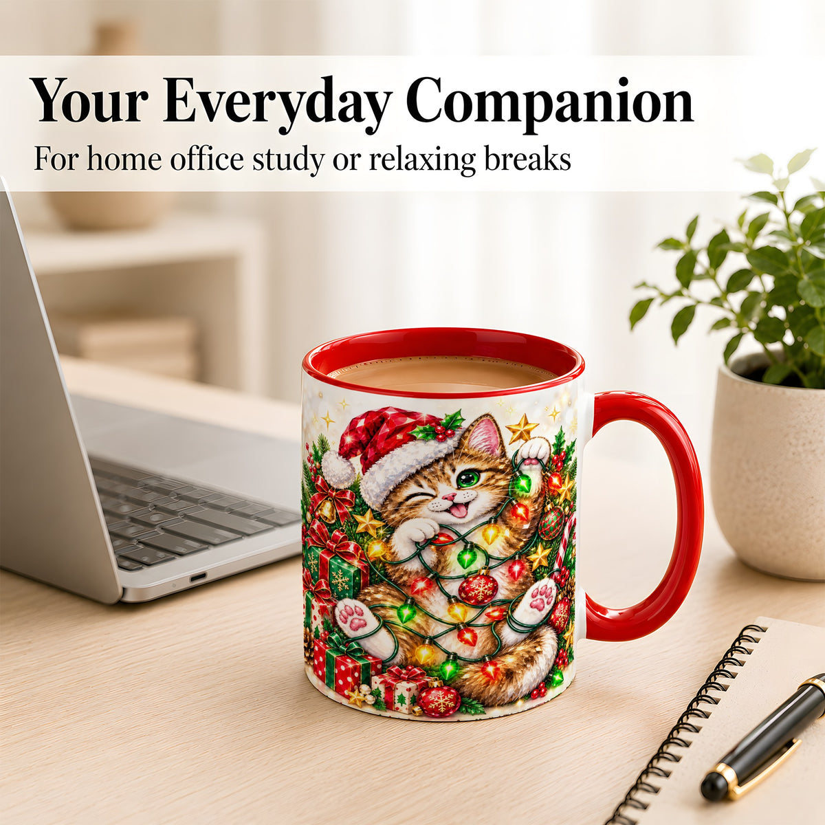 #pl[11oz|Red] Sparkling Cat Lights Coffee Mug, Christmas Kitten Mug, Ceramic Cup