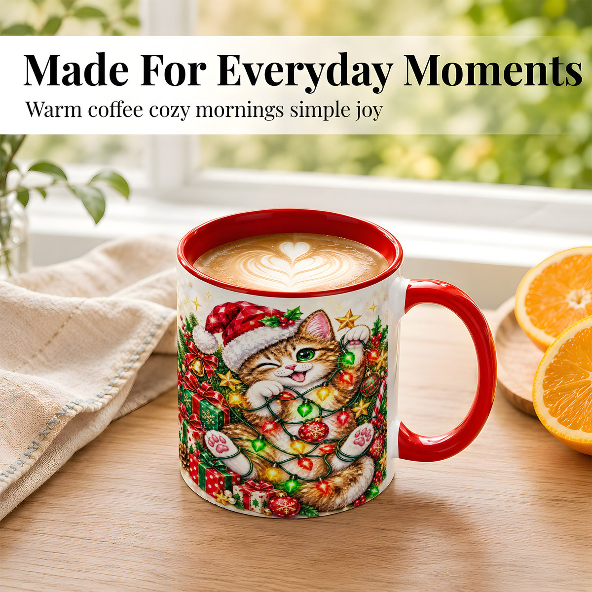 #pl[11oz|Red] Sparkling Cat Lights Coffee Mug, Christmas Kitten Mug, Ceramic Cup