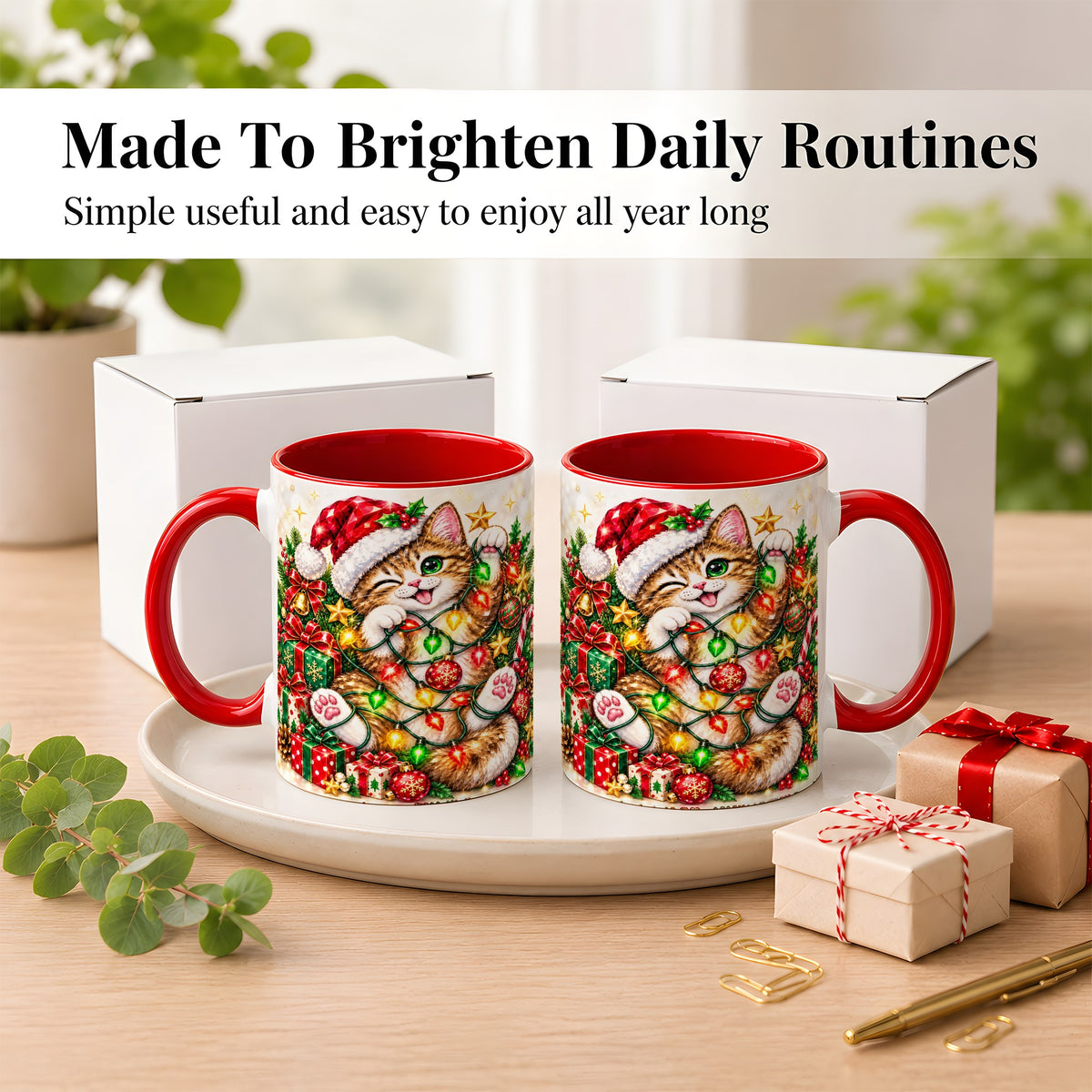 #pl[11oz|Red] Sparkling Cat Lights Coffee Mug, Christmas Kitten Mug, Ceramic Cup