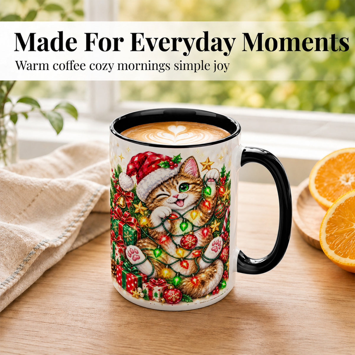 #pl[15oz|Black] Sparkling Cat Lights Coffee Mug, Christmas Kitten Mug, Ceramic Cup