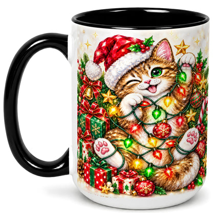 #pl[15oz|Black] Sparkling Cat Lights Coffee Mug, Christmas Kitten Mug, Ceramic Cup