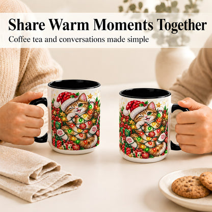 #pl[15oz|Black] Sparkling Cat Lights Coffee Mug, Christmas Kitten Mug, Ceramic Cup