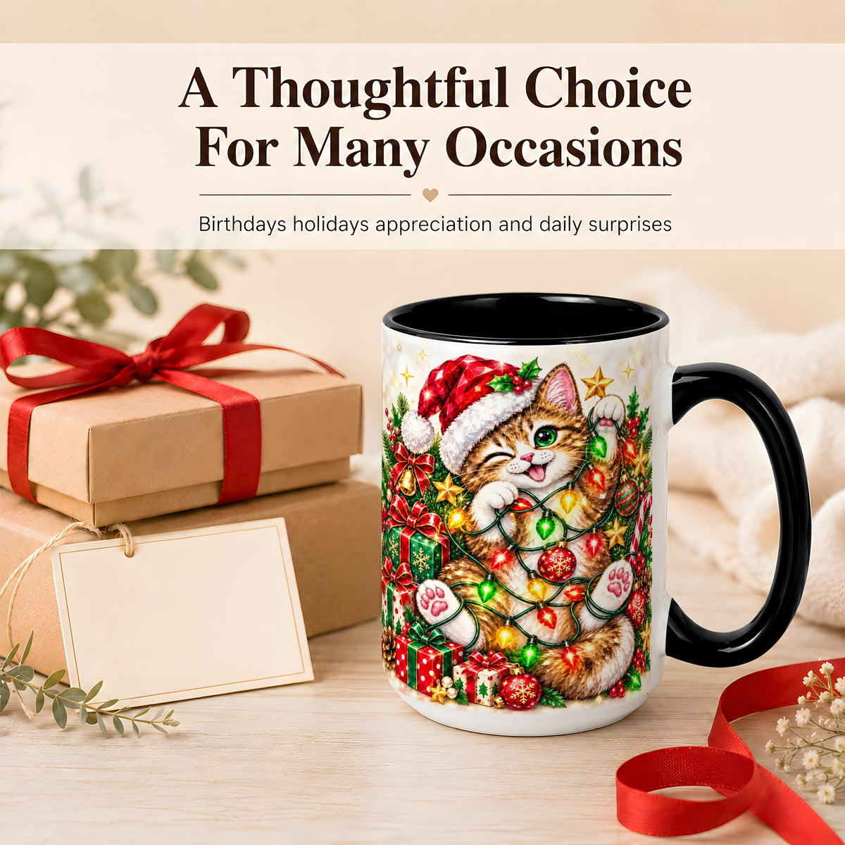 #pl[15oz|Black] Sparkling Cat Lights Coffee Mug, Christmas Kitten Mug, Ceramic Cup