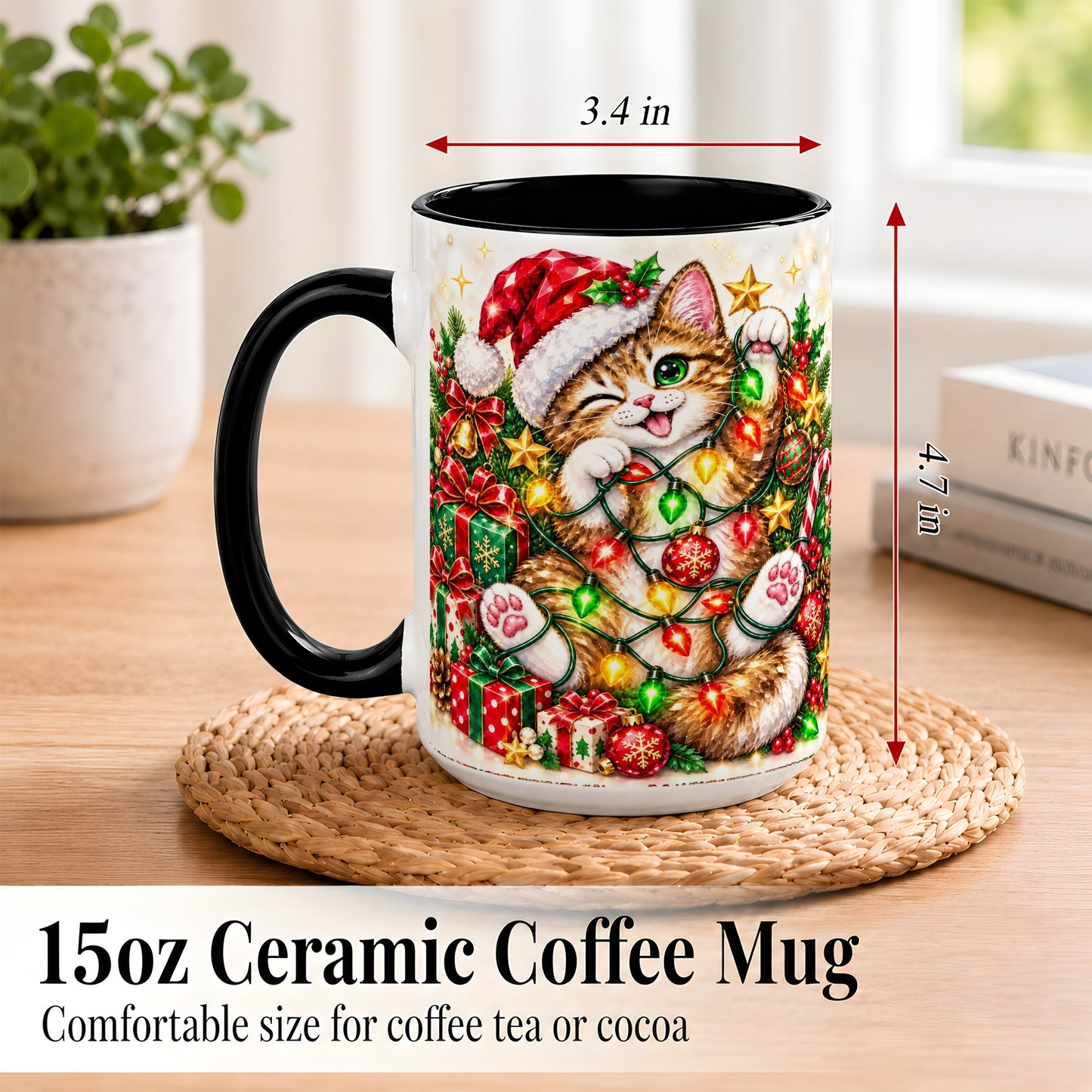 #pl[15oz|Black] Sparkling Cat Lights Coffee Mug, Christmas Kitten Mug, Ceramic Cup