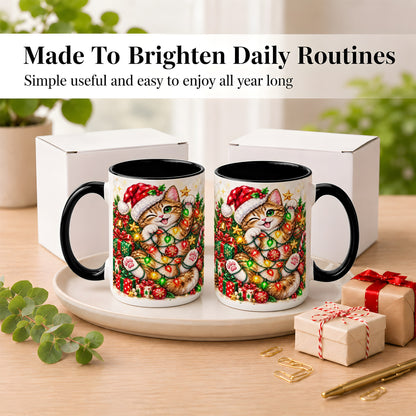 #pl[15oz|Black] Sparkling Cat Lights Coffee Mug, Christmas Kitten Mug, Ceramic Cup