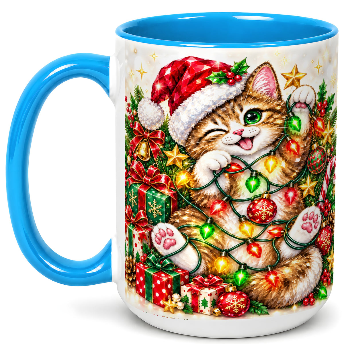#pl[15oz|Blue] Sparkling Cat Lights Coffee Mug, Christmas Kitten Mug, Ceramic Cup