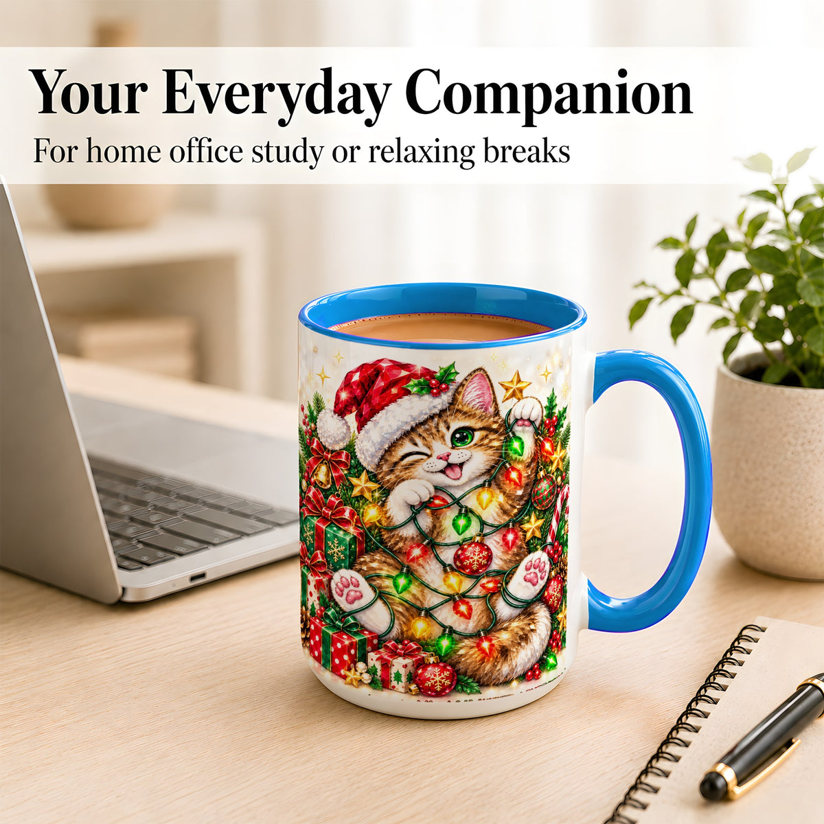 #pl[15oz|Blue] Sparkling Cat Lights Coffee Mug, Christmas Kitten Mug, Ceramic Cup