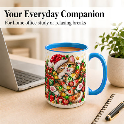#pl[15oz|Blue] Sparkling Cat Lights Coffee Mug, Christmas Kitten Mug, Ceramic Cup