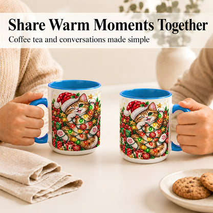 #pl[15oz|Blue] Sparkling Cat Lights Coffee Mug, Christmas Kitten Mug, Ceramic Cup