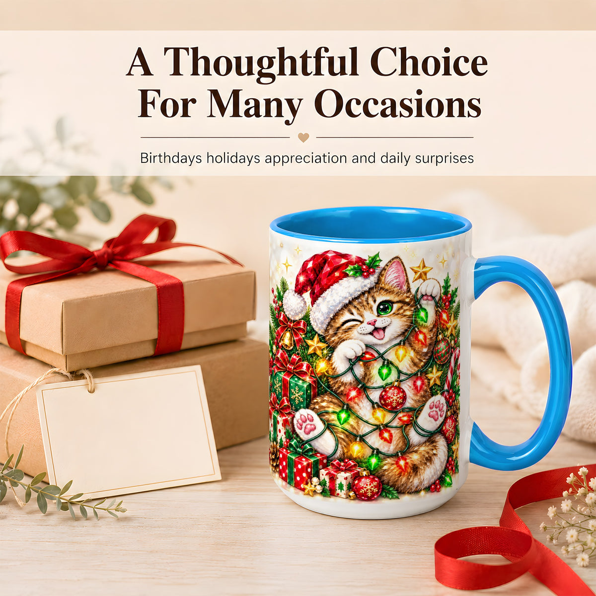 #pl[15oz|Blue] Sparkling Cat Lights Coffee Mug, Christmas Kitten Mug, Ceramic Cup