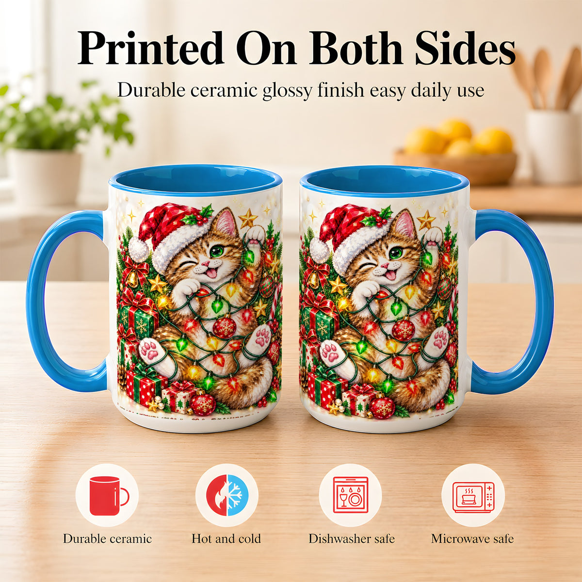 #pl[15oz|Blue] Sparkling Cat Lights Coffee Mug, Christmas Kitten Mug, Ceramic Cup