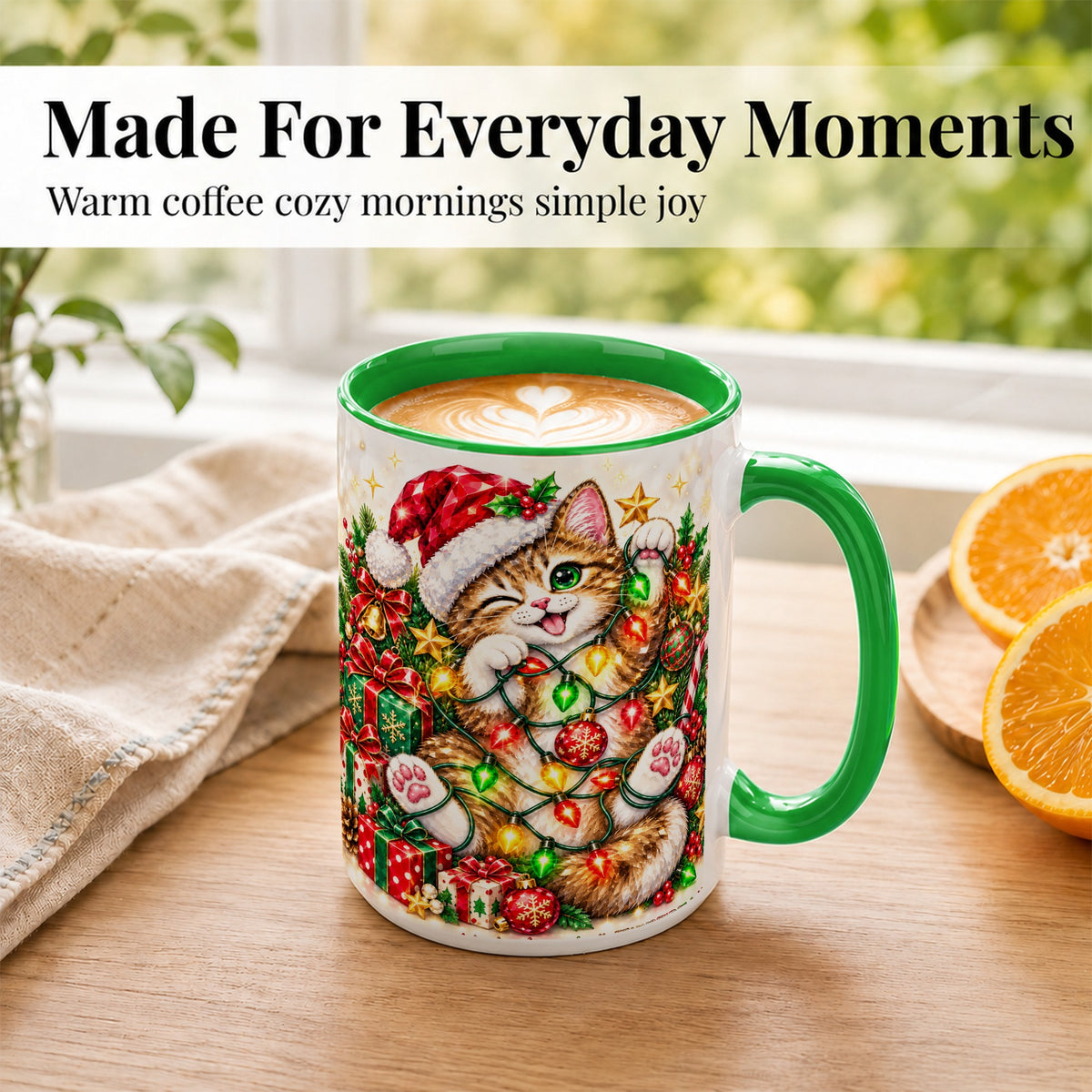 #pl[15oz|Green] Sparkling Cat Lights Coffee Mug, Christmas Kitten Mug, Ceramic Cup