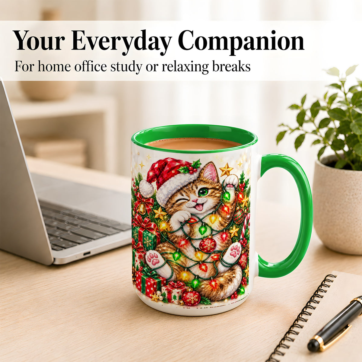 #pl[15oz|Green] Sparkling Cat Lights Coffee Mug, Christmas Kitten Mug, Ceramic Cup