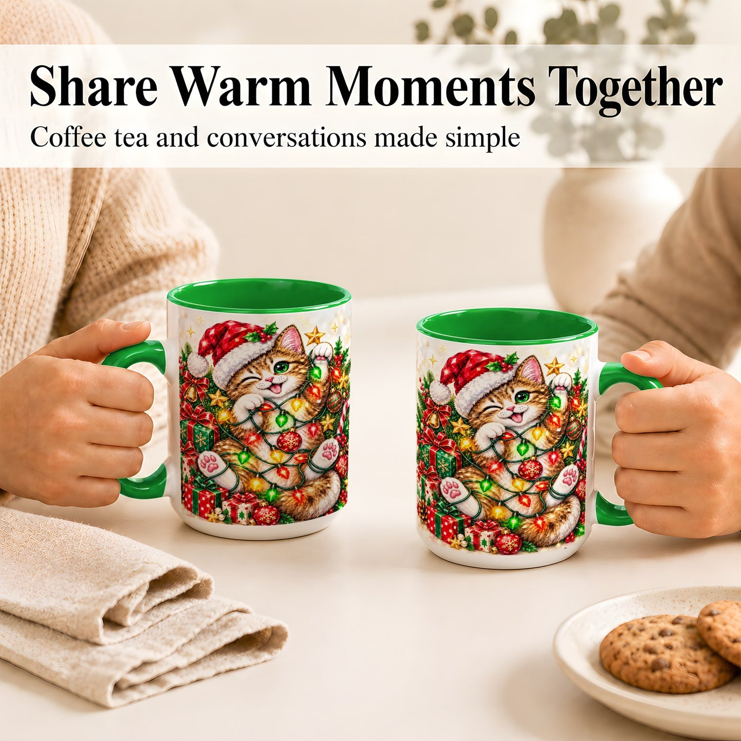 #pl[15oz|Green] Sparkling Cat Lights Coffee Mug, Christmas Kitten Mug, Ceramic Cup