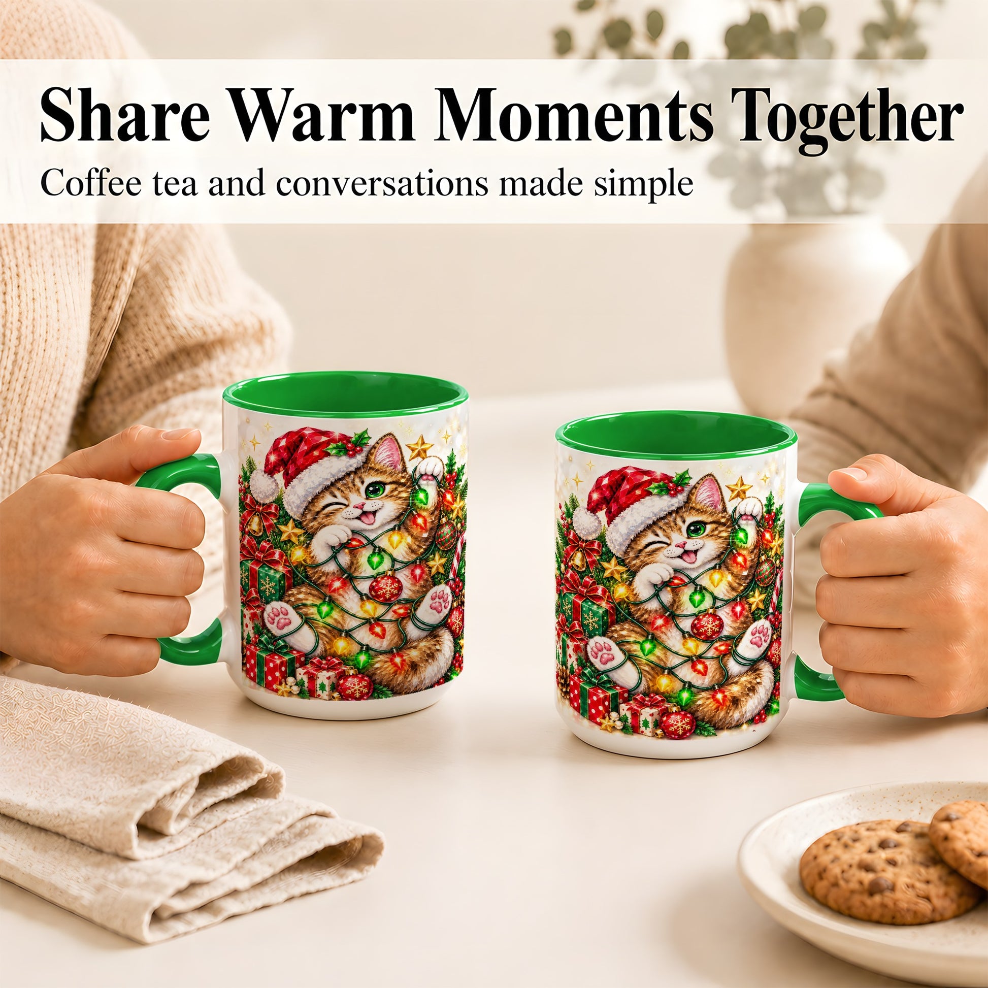 #pl[15oz|Green] Sparkling Cat Lights Coffee Mug, Christmas Kitten Mug, Ceramic Cup