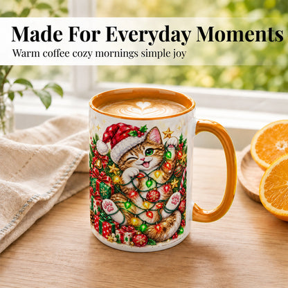 #pl[15oz|Orange] Sparkling Cat Lights Coffee Mug, Christmas Kitten Mug, Ceramic Cup