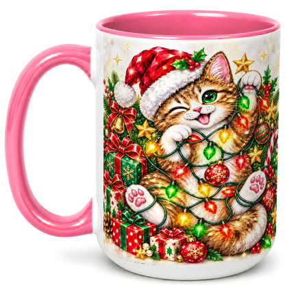 #pl[15oz|Pink] Sparkling Cat Lights Coffee Mug, Christmas Kitten Mug, Ceramic Cup