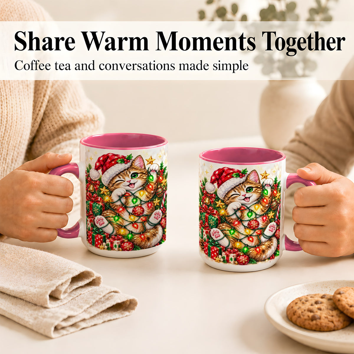 #pl[15oz|Pink] Sparkling Cat Lights Coffee Mug, Christmas Kitten Mug, Ceramic Cup