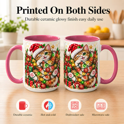 #pl[15oz|Pink] Sparkling Cat Lights Coffee Mug, Christmas Kitten Mug, Ceramic Cup