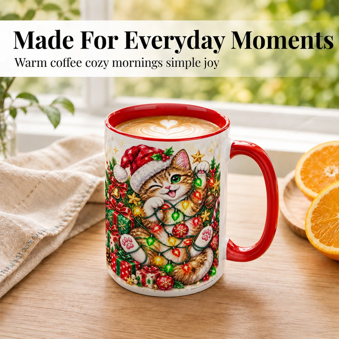 #pl[15oz|Red] Sparkling Cat Lights Coffee Mug, Christmas Kitten Mug, Ceramic Cup