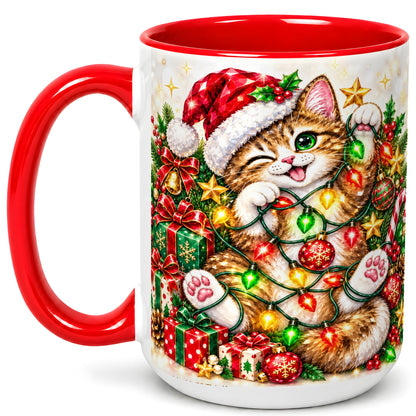 #pl[15oz|Red] Sparkling Cat Lights Coffee Mug, Christmas Kitten Mug, Ceramic Cup