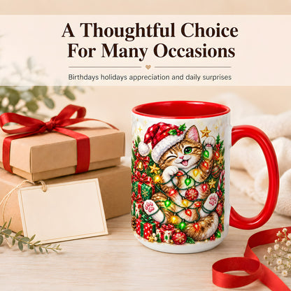 #pl[15oz|Red] Sparkling Cat Lights Coffee Mug, Christmas Kitten Mug, Ceramic Cup