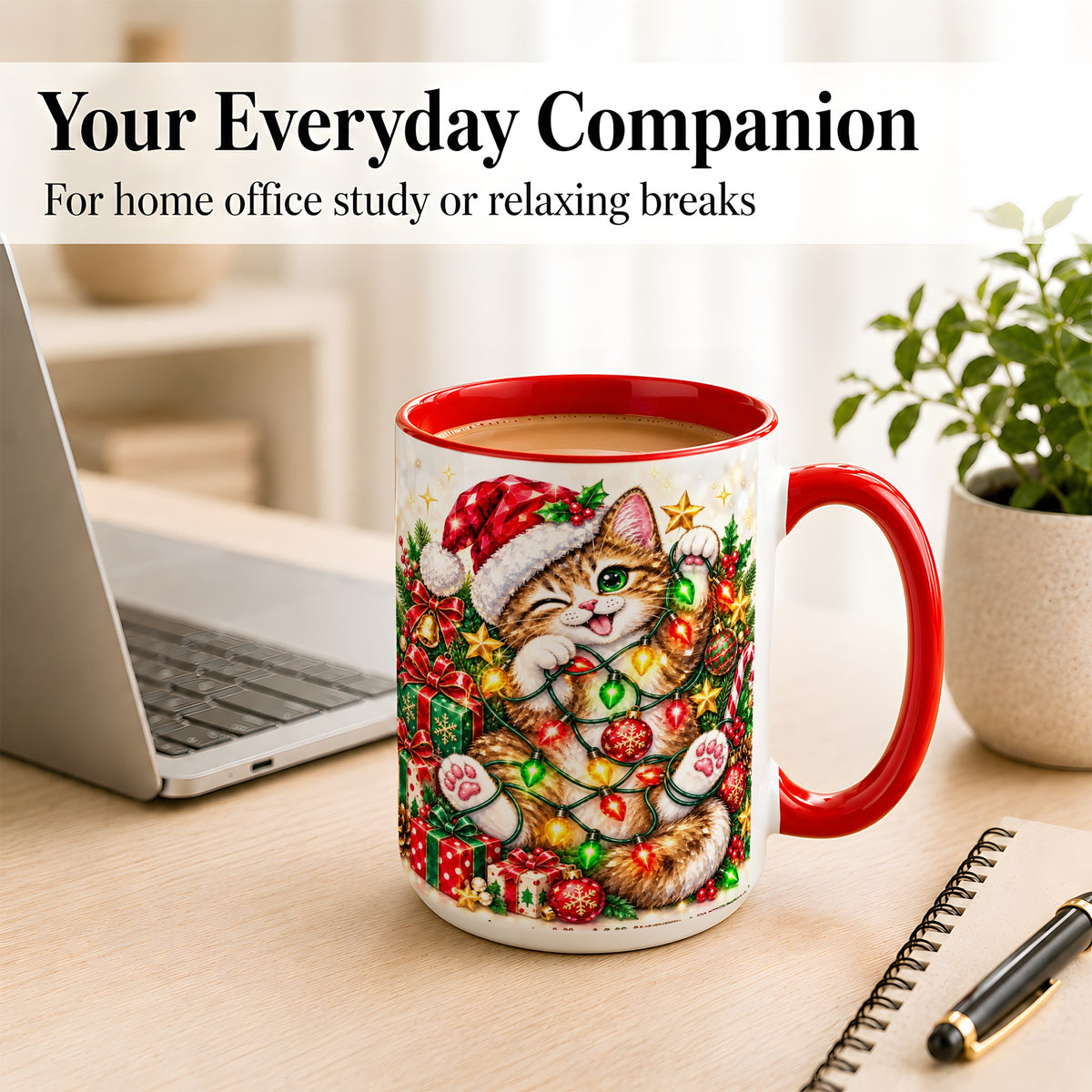 #pl[15oz|Red] Sparkling Cat Lights Coffee Mug, Christmas Kitten Mug, Ceramic Cup