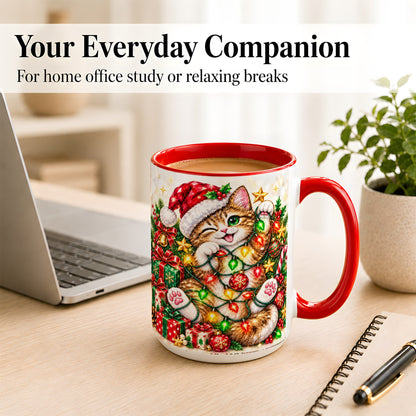 #pl[15oz|Red] Sparkling Cat Lights Coffee Mug, Christmas Kitten Mug, Ceramic Cup