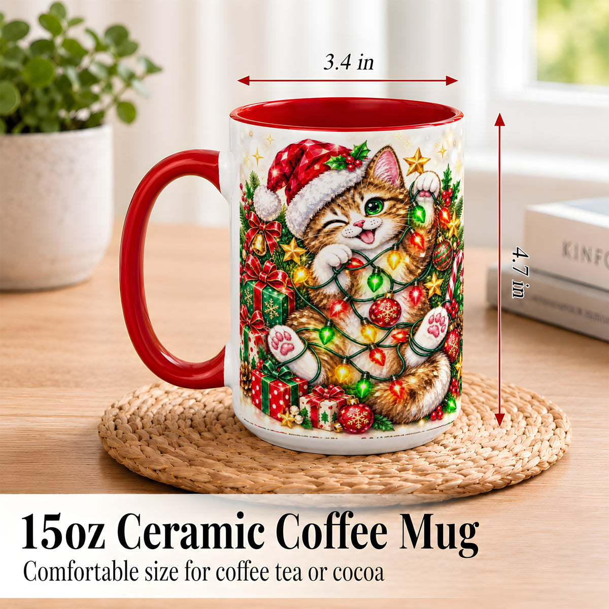 #pl[15oz|Red] Sparkling Cat Lights Coffee Mug, Christmas Kitten Mug, Ceramic Cup