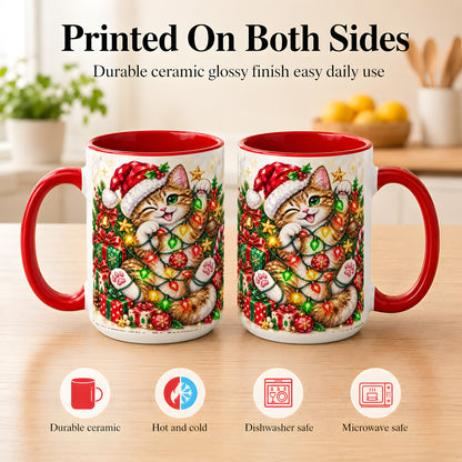 #pl[15oz|Red] Sparkling Cat Lights Coffee Mug, Christmas Kitten Mug, Ceramic Cup